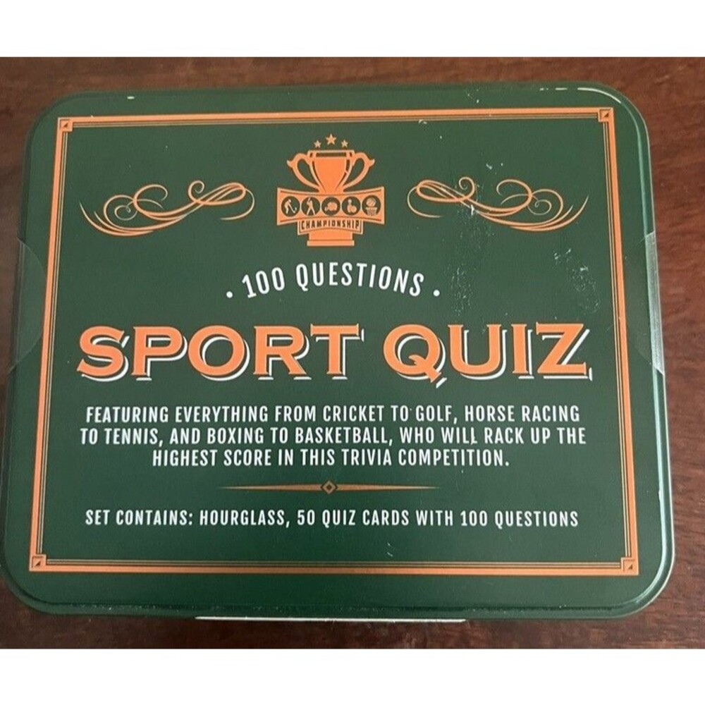 NEW SEALED - Trivia Quiz Game - SPORTS 100 Questions w/Sand Timer & Tin Box